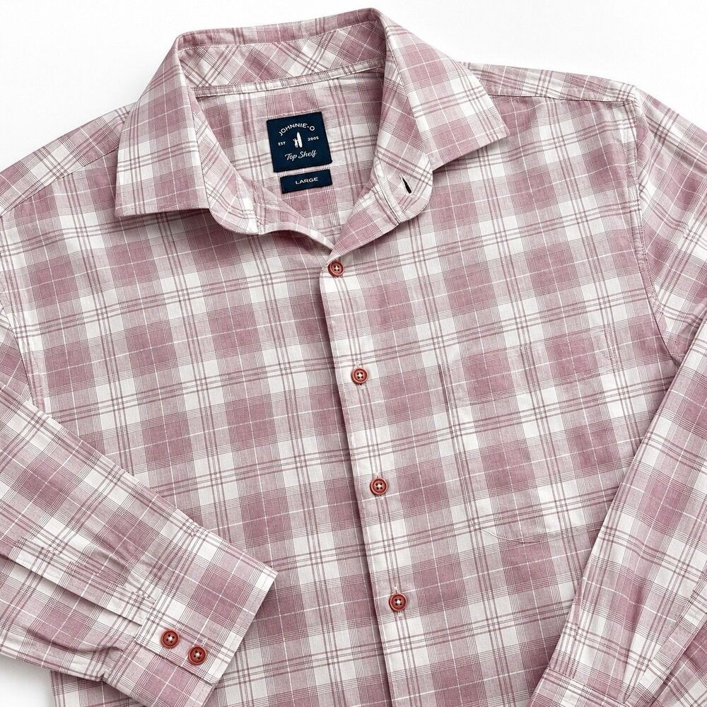 Johnnie-O Top Shelf Nall Plaid Button Down Pink White Cotton Preppy Men's L